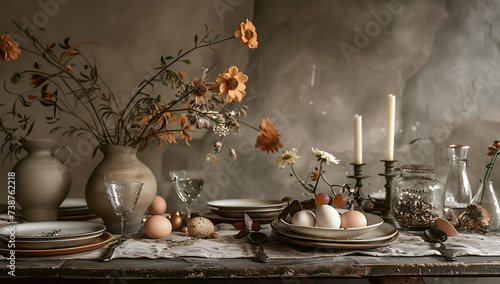 autumn table setting with eggs and fruit in the style
