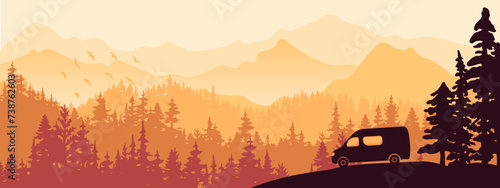 Horizontal banner. Van life. Camper van on meadow in forest. Silhouette of trees, mountains. Magical misty landscape, fog. Orange, brown illustration. 