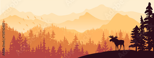 Silhouette of moose on hill. Tree in front, mountains and forest in background. Magical misty landscape. Illustration, horizontal banner.