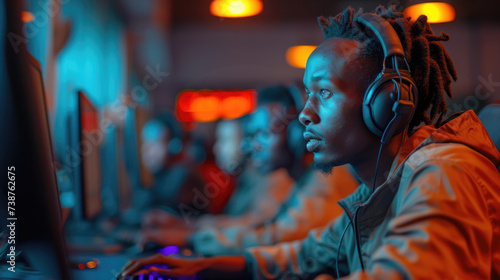 Young friendly operator agent with headsets working in a call centre.