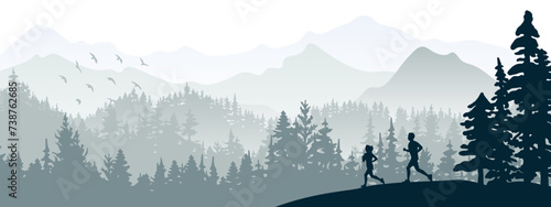 Silhouette of boy and girl jogging. Forest, meadow, mountains. Horizontal landscape banner. Gray illustration. 
