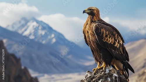 Majestic Golden Eagle Perched on Rocky Outcrop with Snow-Capped Mountains in the Background