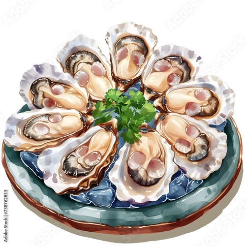 Oysters arrangement on dish, type of meat, cute cartoon, full body, watercolor illustration.