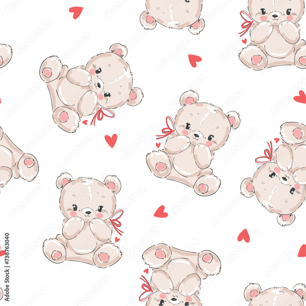 Hand Drawn Cute little Teddy Bears and hearts seamless pattern. Vector illustration kids design