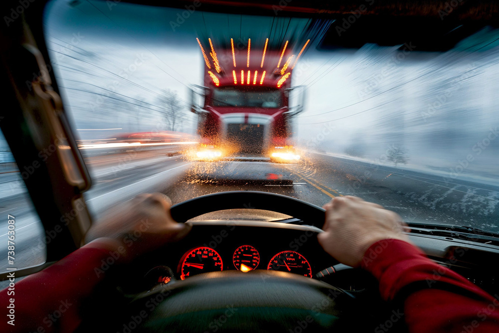 Head-on collision with semi truck, driver's view from car, motion blur, accident - obrazy, fototapety, plakaty 