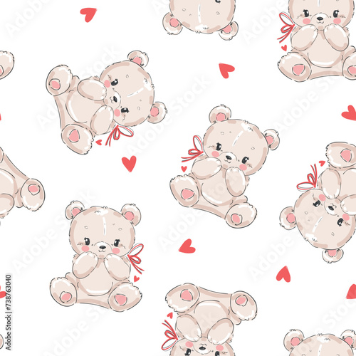 Hand Drawn Cute little Teddy Bears and hearts seamless pattern. Vector illustration kids design