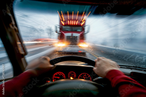 Head-on collision with semi truck, driver's view from car, motion blur, accident photo