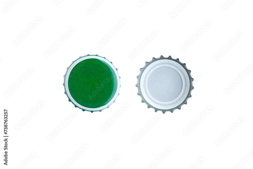 Green bottle caps isolated on white background, Top view Green bottle caps isolated on white background, Top view