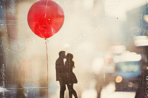 man and woman kissing as balloon floats above © Kien