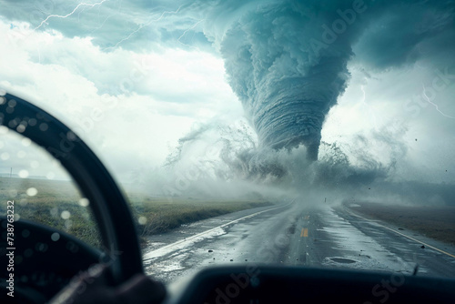 Massive tornado in the road, driver's view from car through windshield, disaster