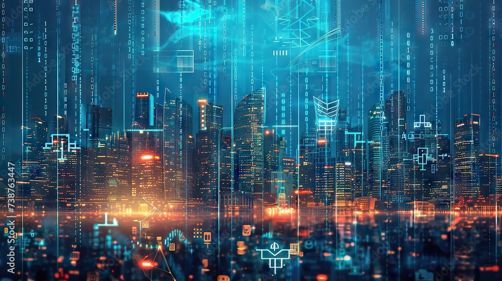 Obraz premium Futuristic city skyline merging with digital code, symbolizing business innovation and tech transformation