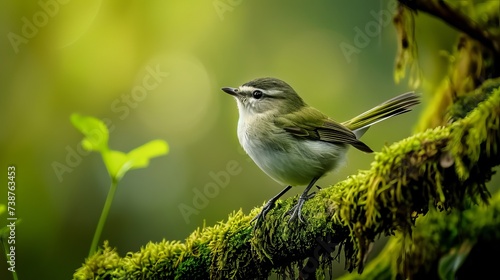 Grey warbler perched on mossy branch in green forest with bokeh background
