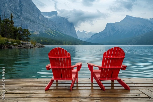 Amidst a serene landscape, two red chairs invite us to sit and contemplate the beauty of nature reflected in the tranquil waters of the lake