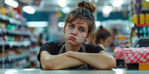 Bored cashier at the supermarket , concept of Employee engagement
