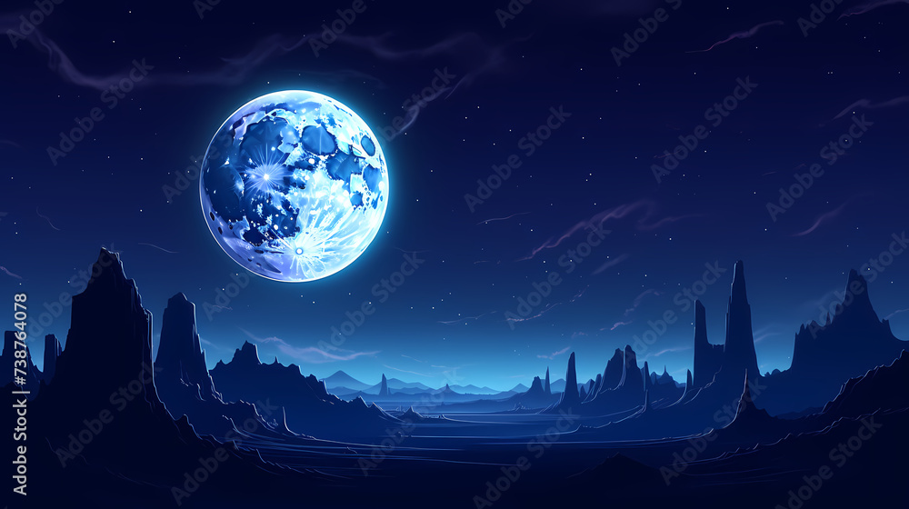 Lunar landscape with full moon in night sky Lunar landscape with full moon in night sky