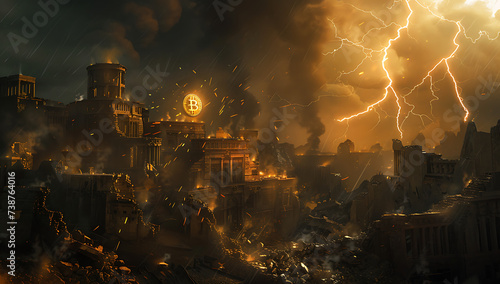 bitcoin with gold and lightning isolated on black bac