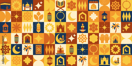 Ramadan icons elements with geometric pattern. Bauhaus style. Ramadan Kareem. Vector flat design for poster cards, banner, web.