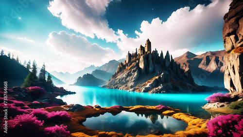 Build a surreal landscape using box-like elements, combining unexpected textures and colors to evoke a dreamy and otherworldly atmosphere bright ligtning, kodak 400, cinematic, ultra realistic photo