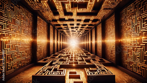 Craft a background that depicts an endless maze of interconnected boxes, symbolizing complexity and exploration bright ligtning, kodak 400, cinematic, ultra realistic photo