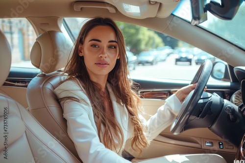 A confident woman in stylish clothing drives her car with determination, her reflection visible in the rearview mirror as she navigates the winding roads ahead
