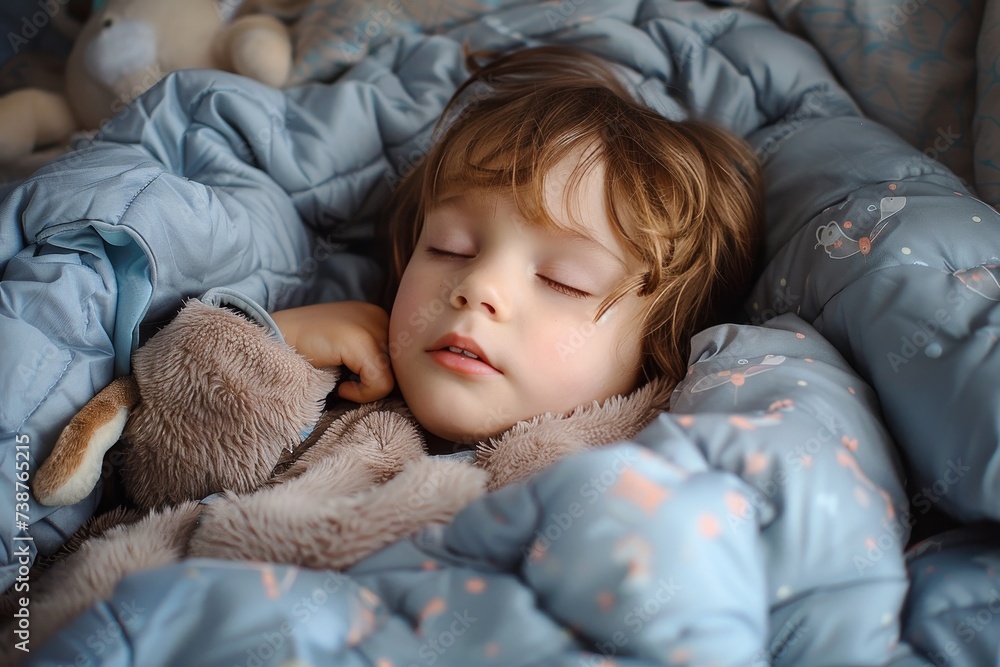 A peaceful slumber captured in a cozy blanket, as a young child rests in the comfort of their bed, showcasing the innocence and vulnerability of a newborn A peaceful slumber captured in a cozy blanket, as a young child rests in the comfort of their bed, showcasing the innocence and vulnerability of a newborn