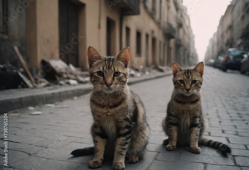A group of stray cats in an old abandoned town, houses dilapidated, possibly after the war. © Алексей Ковалев