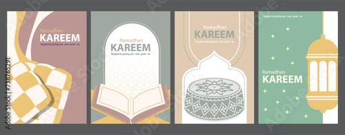 Vector illustration Ramadan theme design with illustrations of the Koran, prayer mat, worship clothes, mosque, ketupat and lanterns