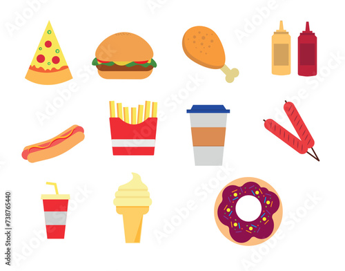 Fast food icon set. Hand drawing vector illustration. Pizza hamburger ketchup sausage french fries photo