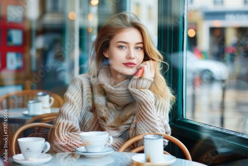 A stylish woman sips her coffee at a quaint café, the warm sunlight streaming through the window highlighting her delicate features and the elegant serveware on the table