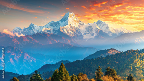 Snow-capped Himalayas bathed in golden sunrise