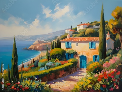 Vibrant impressionist painting depicts a picturesque country house surrounded by lush gardens  overlooking the sea and bathed in the Mediterranean sun. Generative AI