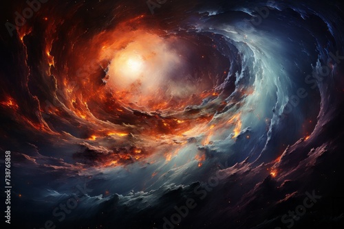A cosmic painting of a vortex in the sky with a radiant light at the end