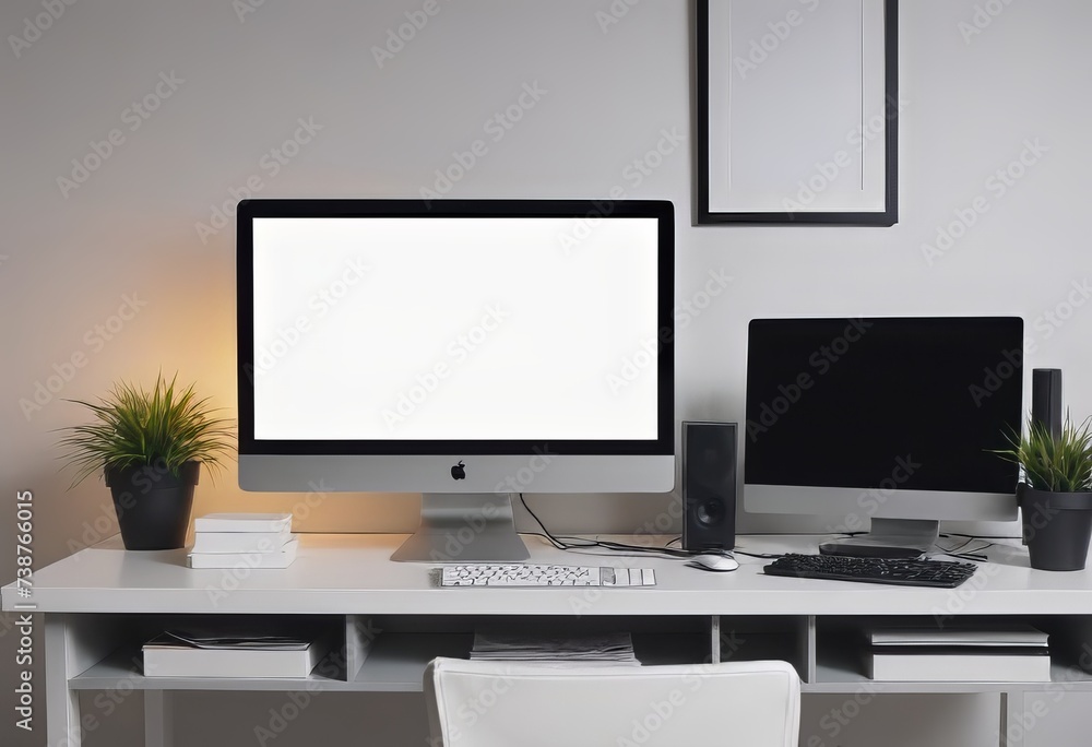 monoblock computer, on a white table in a working home environment, with home flowers, on a white table. monoblock computer, on a white table in a working home environment, with home flowers, on a white table.