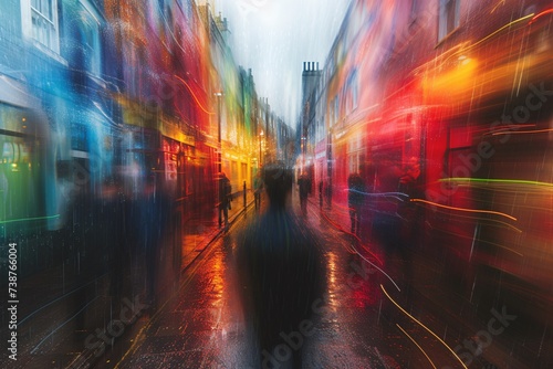 a blurry image of a person walking down a street in a city