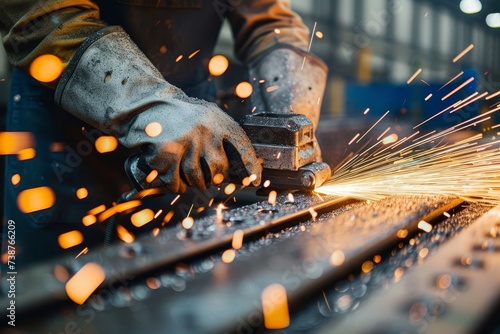 A skilled metalsmith works tirelessly in a bustling factory, creating sparks and shaping metal with precision using their trusty welding grinder photo