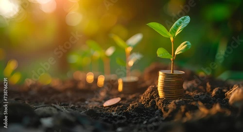 A series of coins planted in rich soil, each with a tiny sprout emerging, leading to a large, flourishing tree in the background. This progression represents the journey of investing. photo