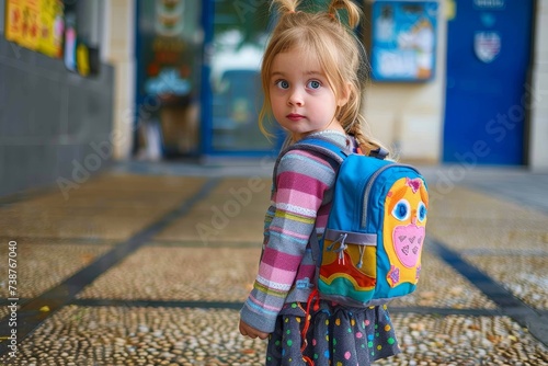 A young girl with a backpack stands confidently on the ground, her bright eyes and playful smile a stark contrast to her serious demeanor as she models her trendy outfit for the camera