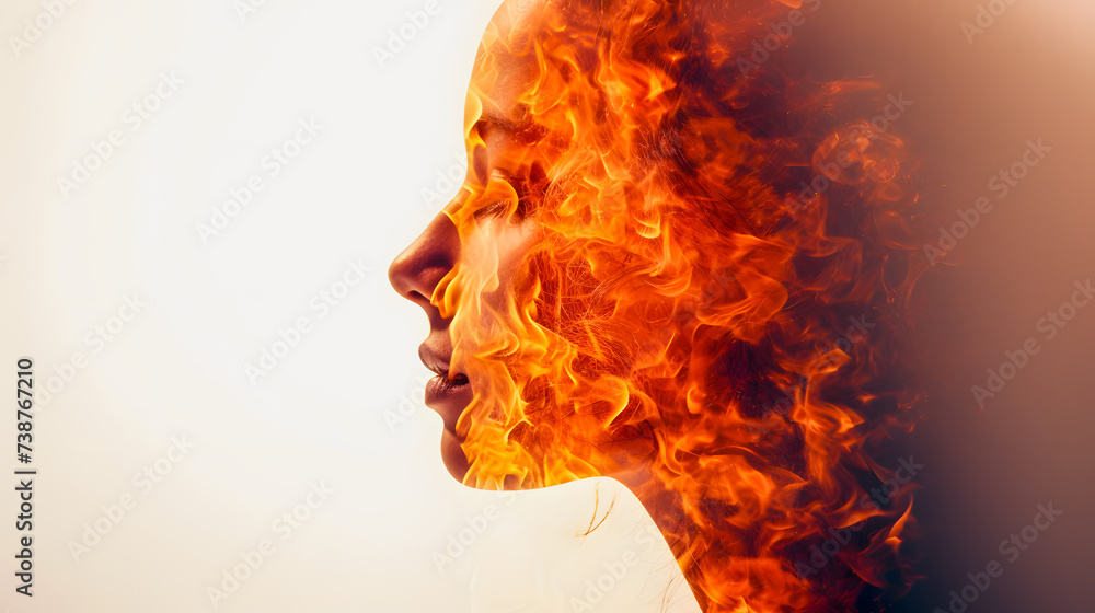 Fire in the head. Double face exposure side profile of a young woman with a burning fire in her head. Burning headache. Stable white background.