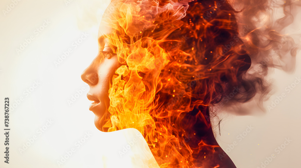 Fire in the head. Double face exposure side profile of a young woman with a burning fire in her head. Burning headache. Stable white background. Fire in the head. Double face exposure side profile of a young woman with a burning fire in her head. Burning headache. Stable white background.
