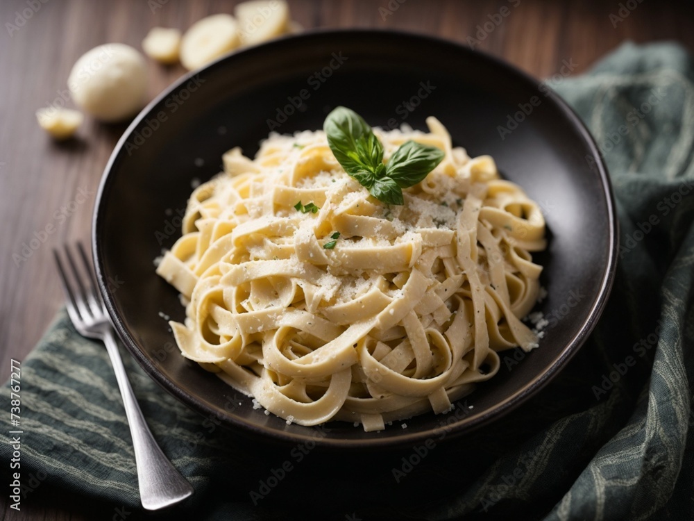 Italian carbonara cheese pasta noodle with basil on top, cinematic cuisine food photography Italian carbonara cheese pasta noodle with basil on top, cinematic cuisine food photography