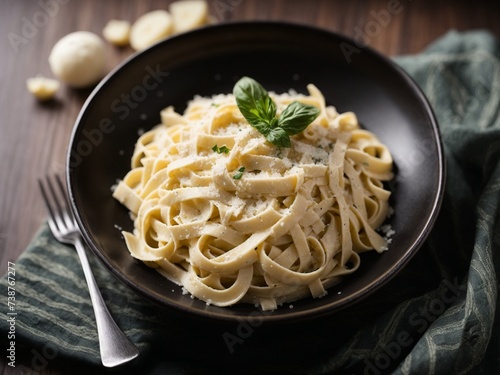 Italian carbonara cheese pasta noodle with basil on top, cinematic cuisine food photography 