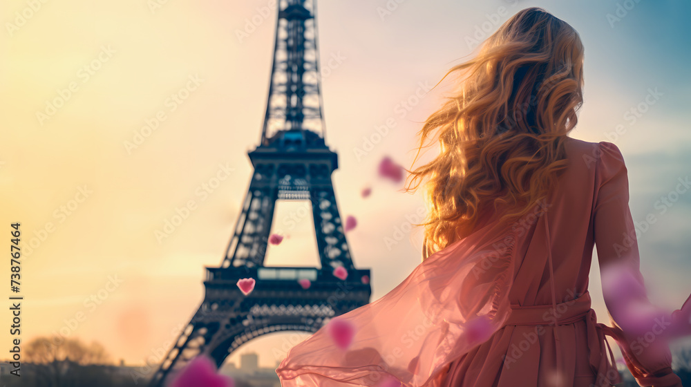 Young blonde-haired woman in a pink dress with a pink umbrella admiring the tower in Paris located in the background. Pink woman in Paris.