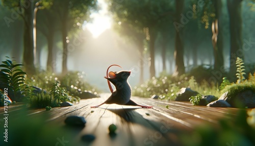 Mouse doing Yoga Half Moon pose in Forest