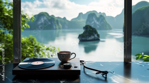 a cup of tea and a record on a table overlooking water