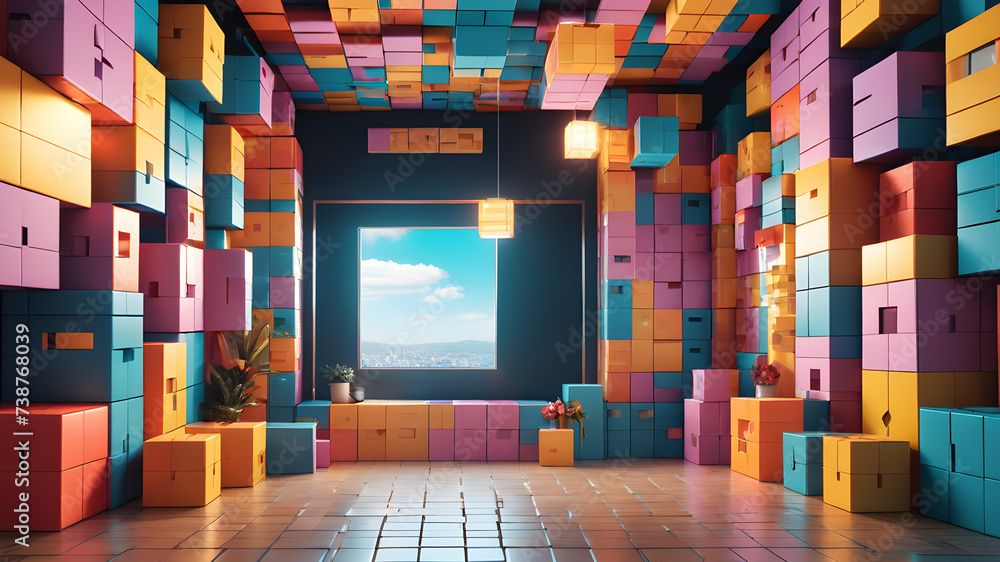 Explore a digital aesthetic by designing a background composed of pixelated boxes, creating a contemporary and dynamic visual experience bright ligtning, kodak 400, cinematic, ultra realistic - obrazy, fototapety, plakaty 