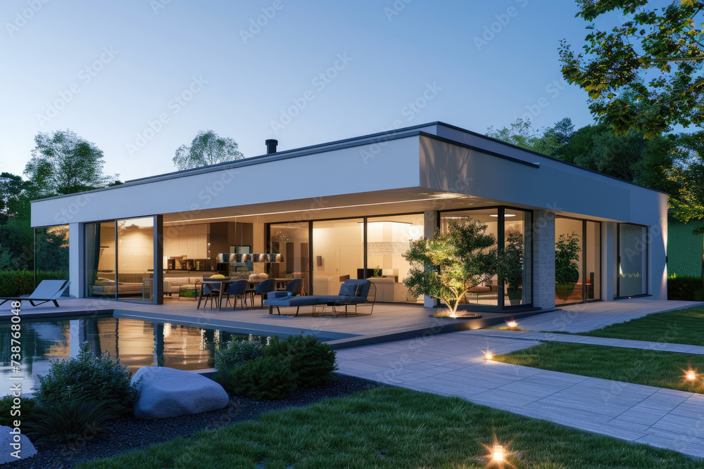 View of luxurious modern house exterior with dining space and garden villa