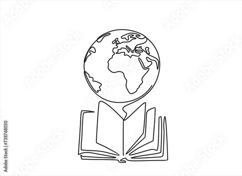 Continuous one line drawing of open Book and globe Earth planet concept