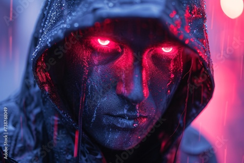 a man with red eyes and black face with red glowing eyes