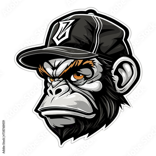 Gorilla head in a cap. Vector illustration on white background. T-shirt design.