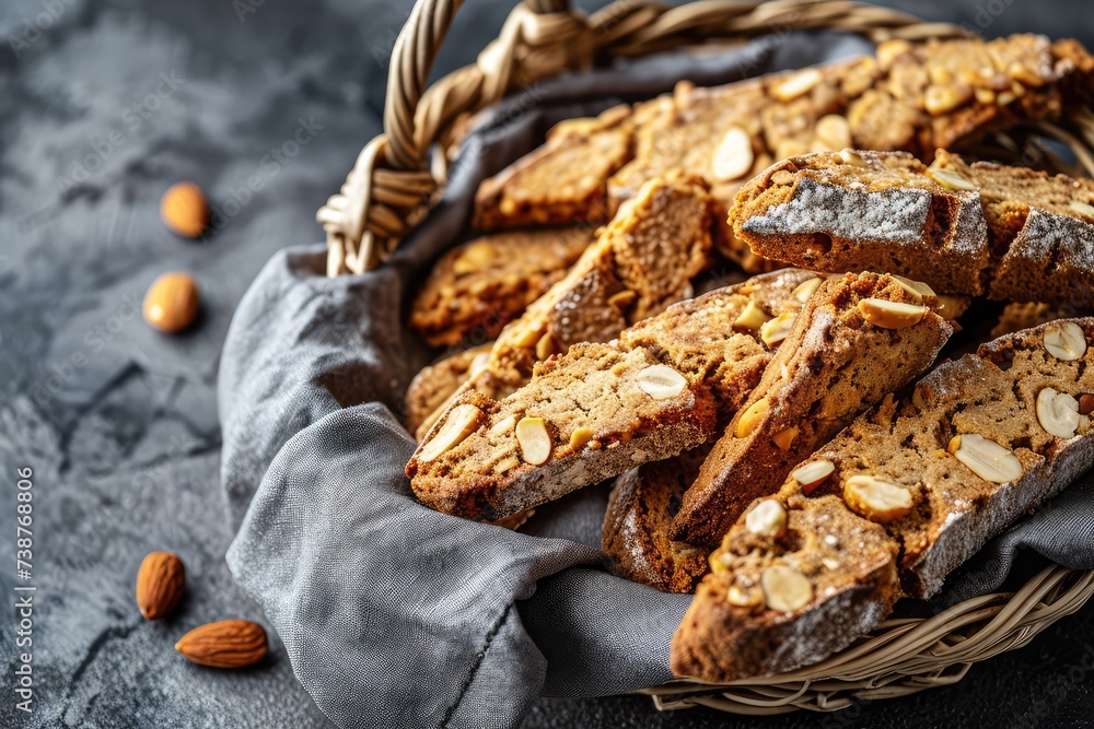 Biscotti di prato on a grey napkin background. Pile of traditional italian cantuccini nuts cookies Biscotti di prato on a grey napkin background. Pile of traditional italian cantuccini nuts cookies